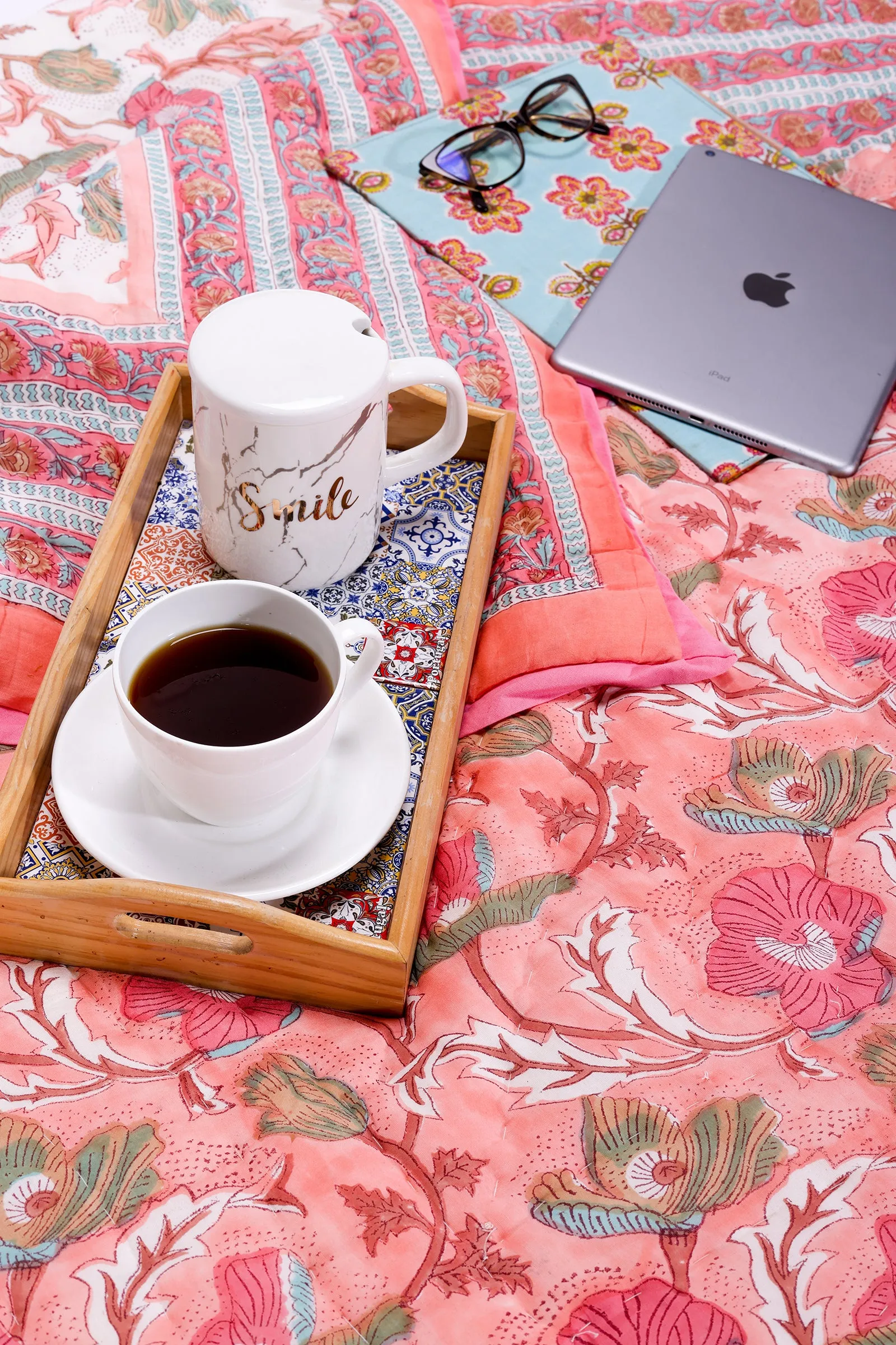 Fariza Flower Garden Hand Block Printed Pink Cotton Muslin Quilt