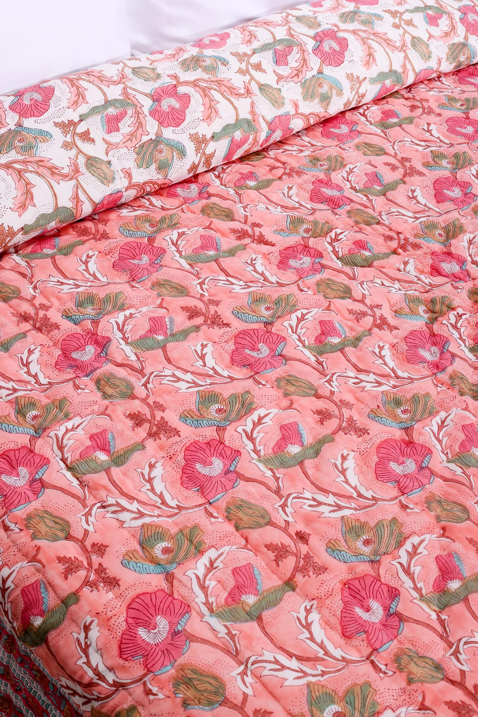 Fariza Flower Garden Hand Block Printed Pink Cotton Muslin Quilt