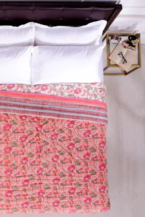 Fariza Flower Garden Hand Block Printed Pink Cotton Muslin Quilt