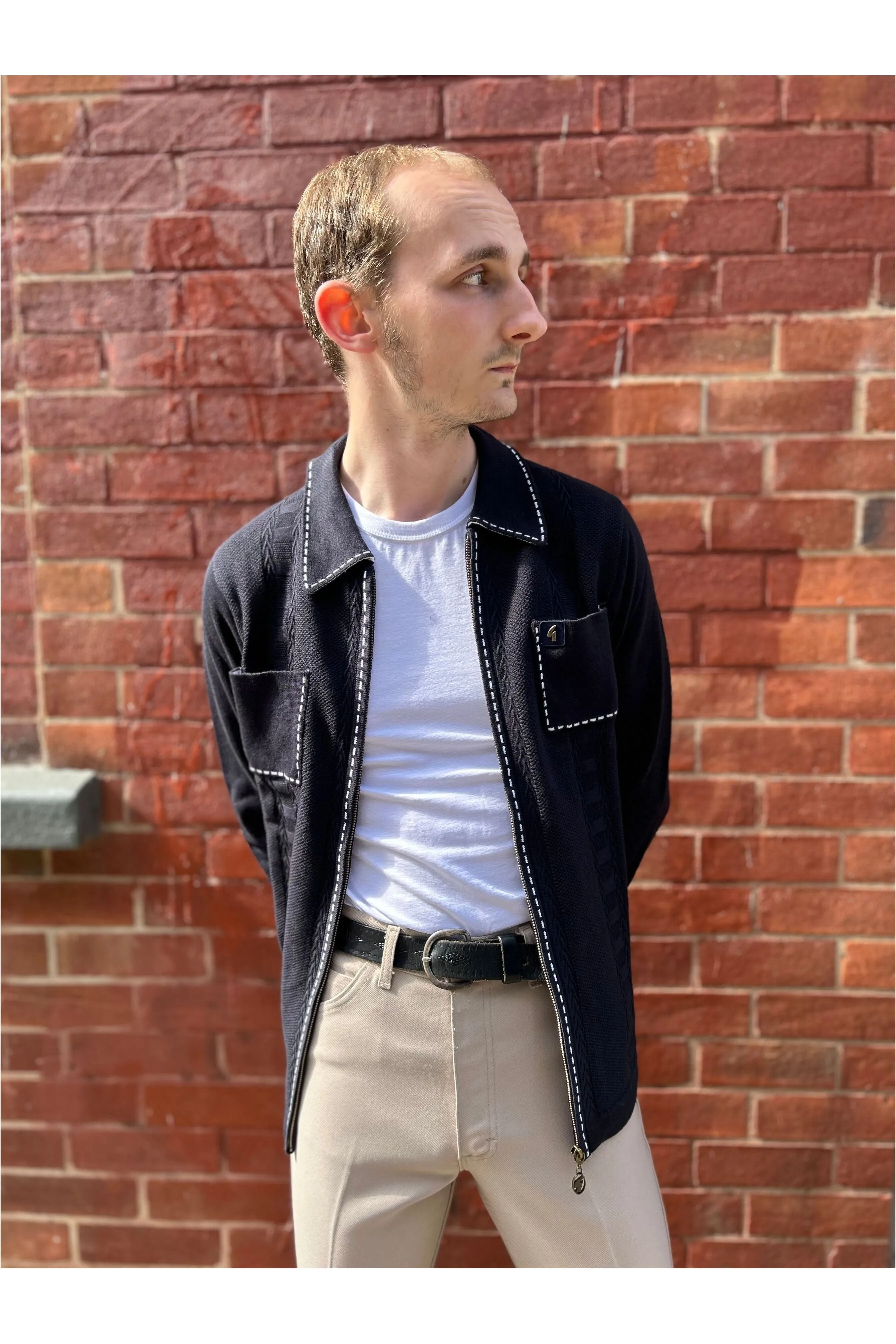 Gabicci Vintage - Serge Navy Zip - Polo Knit