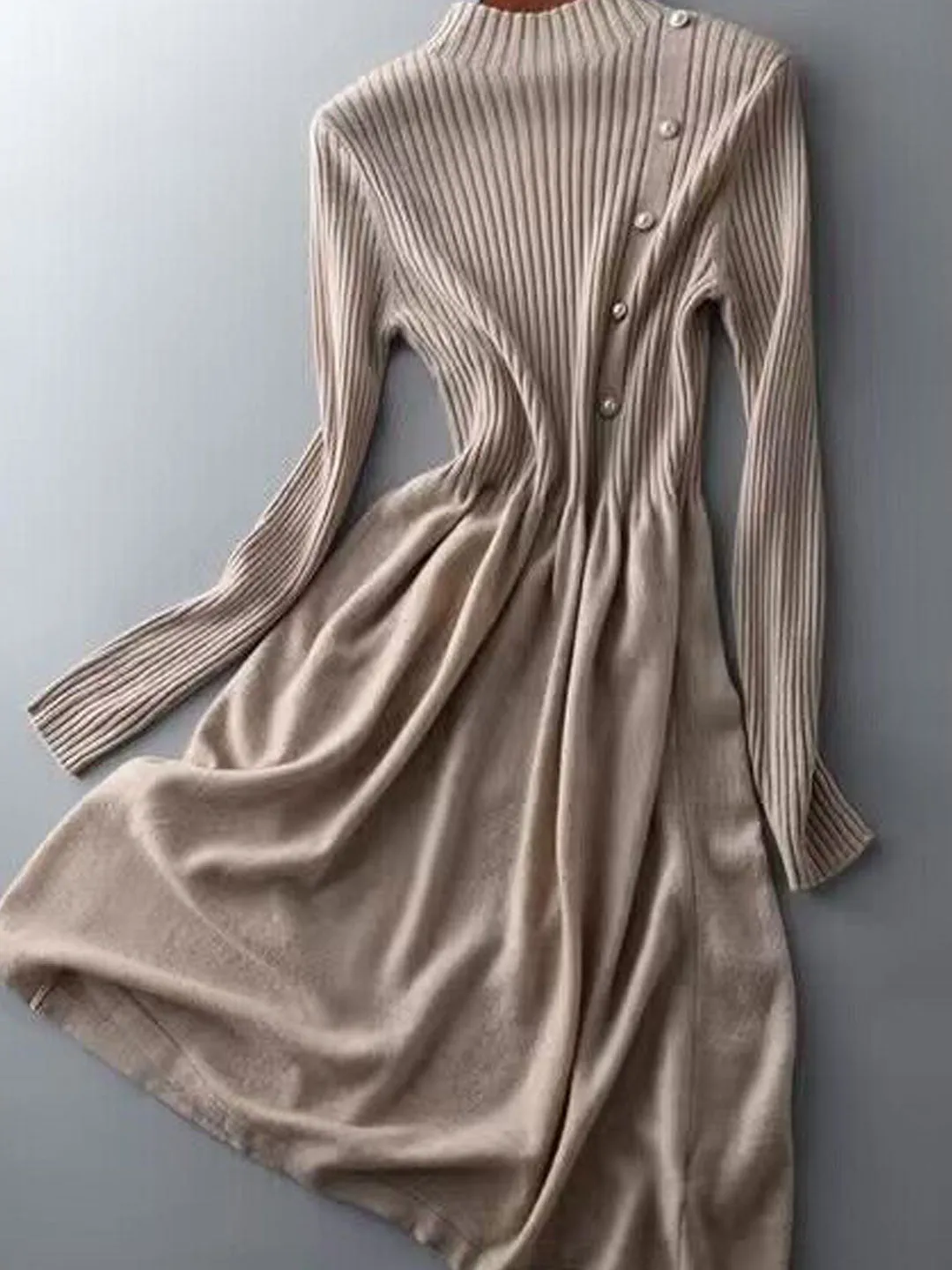 Grace Turtleneck Solid Color Knitted Sweater Dress-Apricot