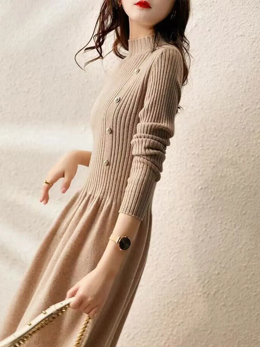 Grace Turtleneck Solid Color Knitted Sweater Dress-Apricot