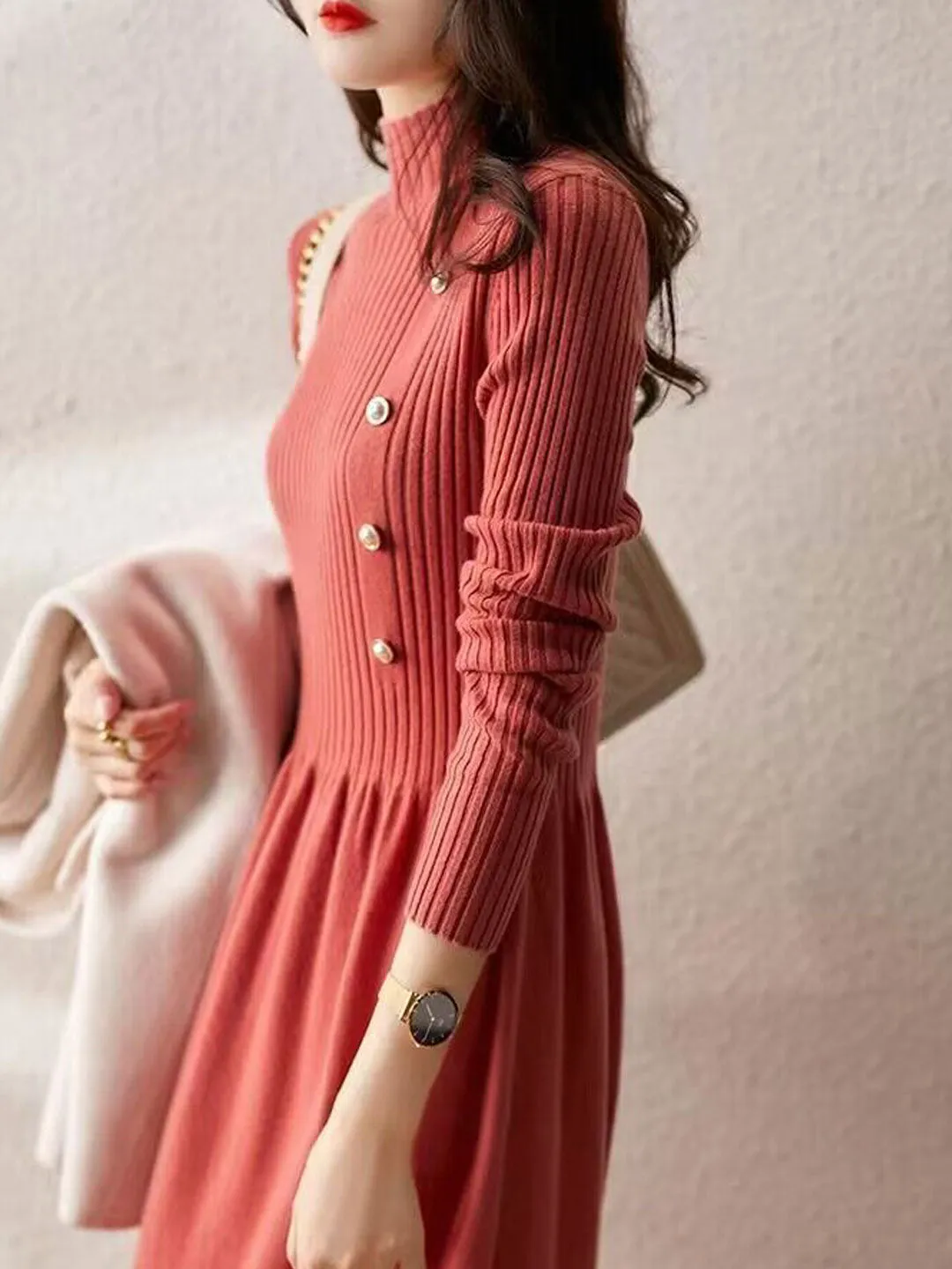 Grace Turtleneck Solid Color Knitted Sweater Dress-Apricot