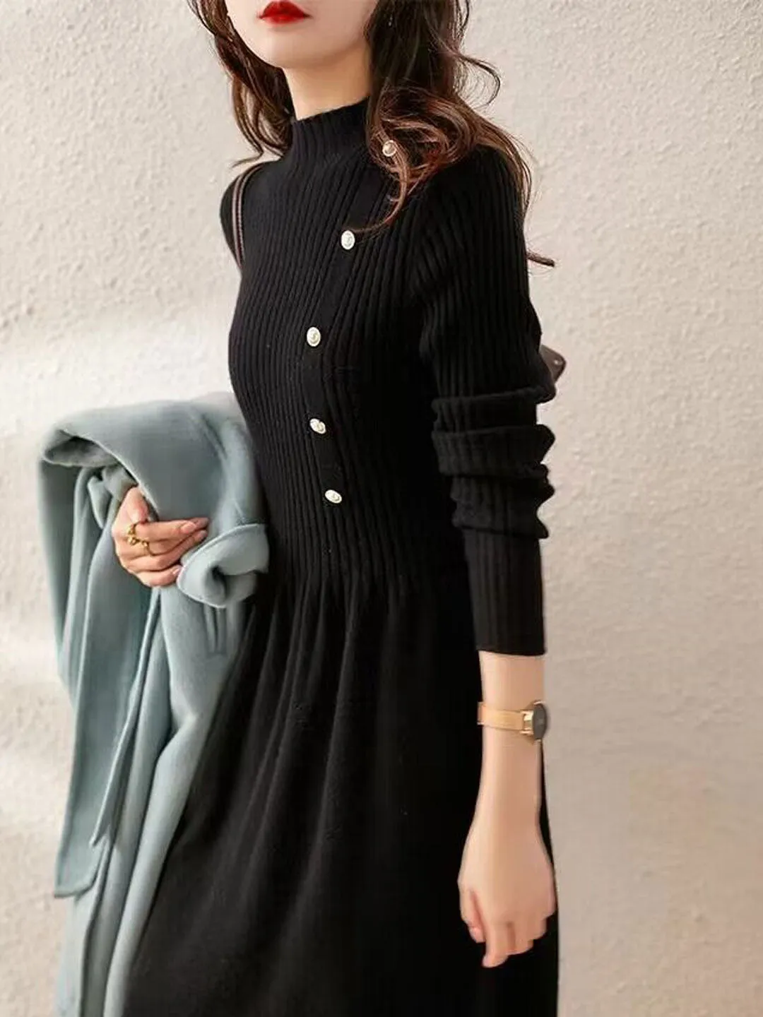 Grace Turtleneck Solid Color Knitted Sweater Dress-Apricot