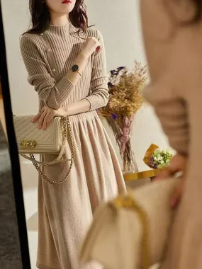 Grace Turtleneck Solid Color Knitted Sweater Dress-Apricot