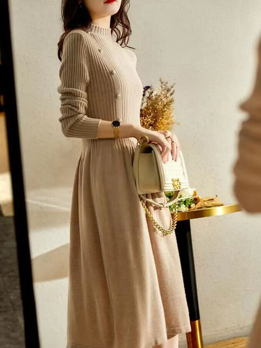Grace Turtleneck Solid Color Knitted Sweater Dress-Apricot