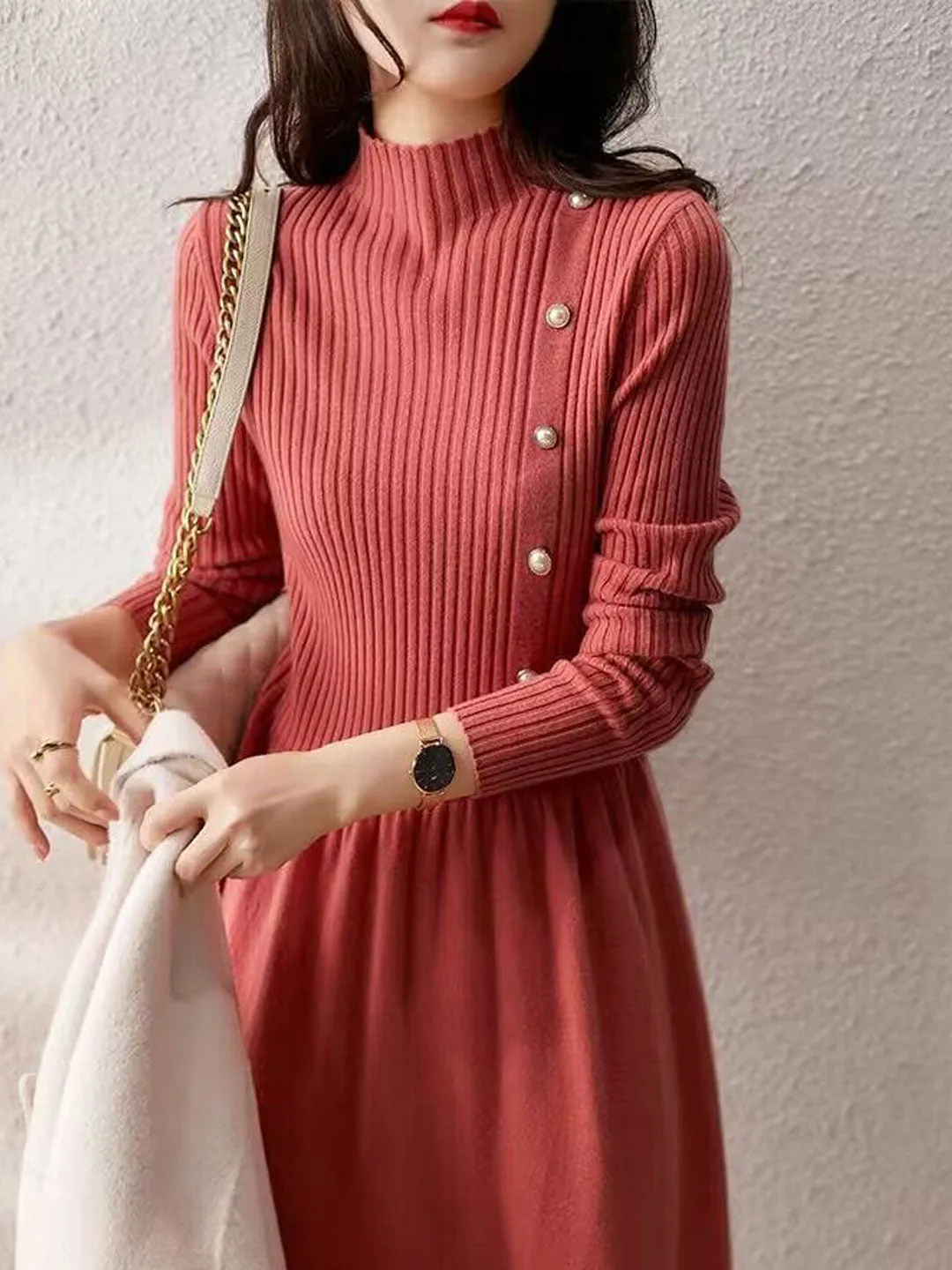 Grace Turtleneck Solid Color Knitted Sweater Dress-Apricot