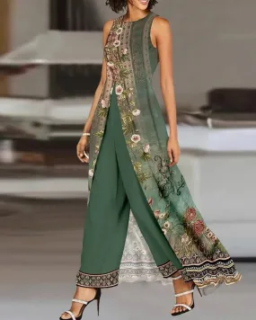 Green Printed Sleeveless Jumpsuit