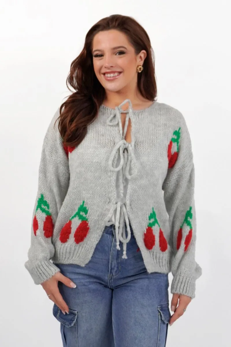 Grey Trendy Scoop Neck Tie Front Cherry Print Loose Cardigan