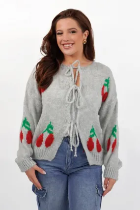 Grey Trendy Scoop Neck Tie Front Cherry Print Loose Cardigan