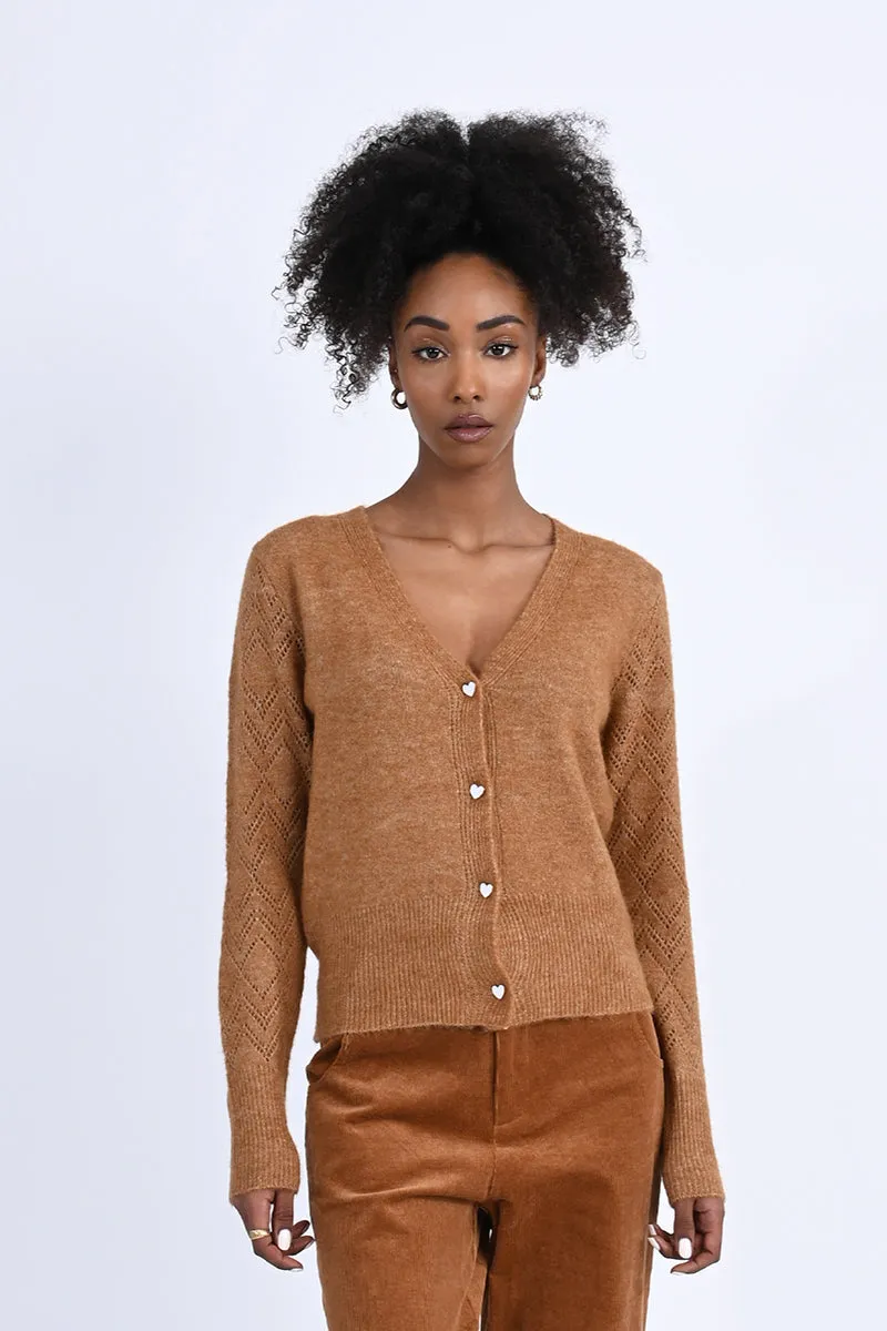 Hearts Button Camel Cardigan