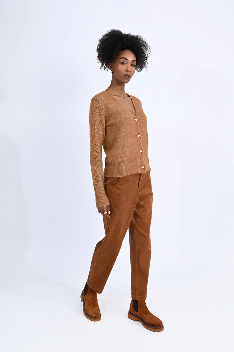 Hearts Button Camel Cardigan