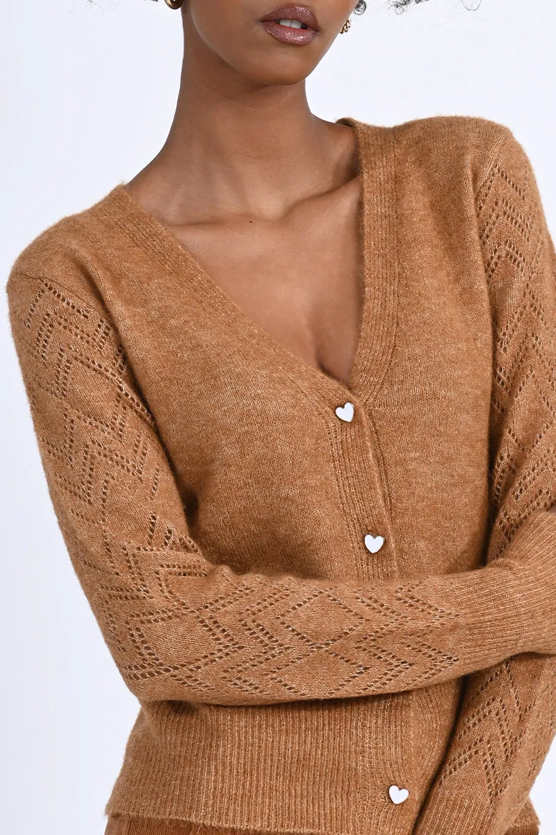 Hearts Button Camel Cardigan