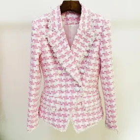 High Street Lion Buttons Tassel Fringed Tweed Blazer