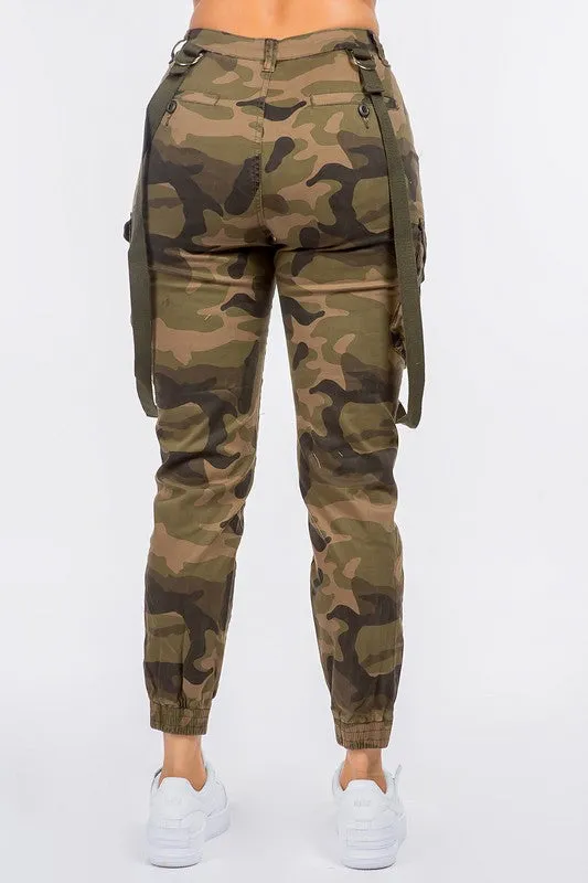 High Waist Cargo Joggers With Suspenders