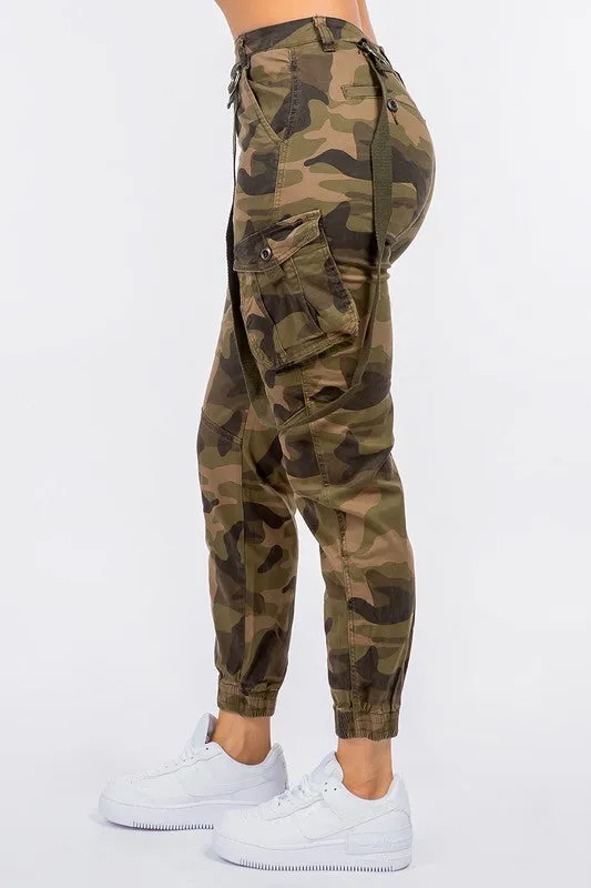 High Waist Cargo Joggers With Suspenders