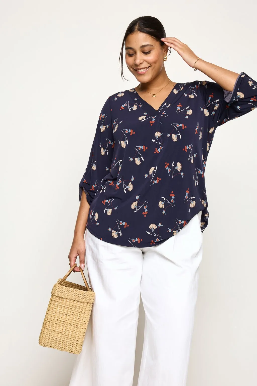 Hollie Plus Size Roll-tab Sleeve Knit Blouse