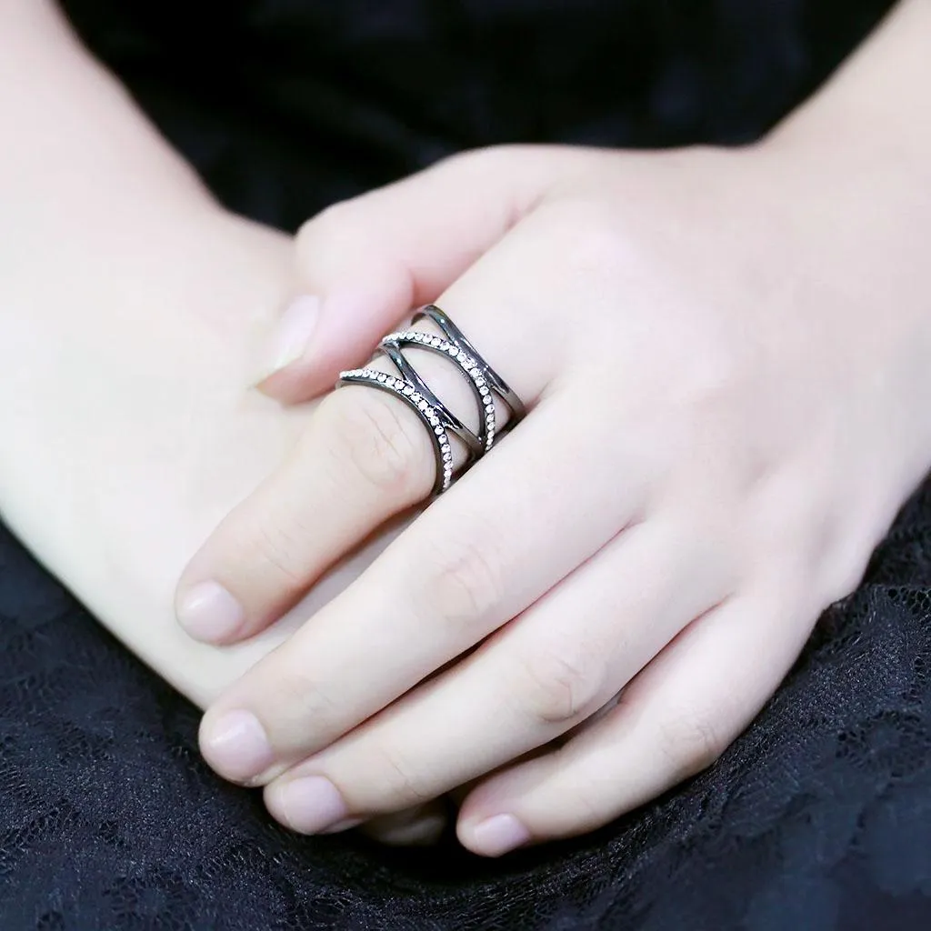 IP Light Black (IP Gun) Stainless Steel Ring with Top Grade Crystal in Clear for Women Style TK3689