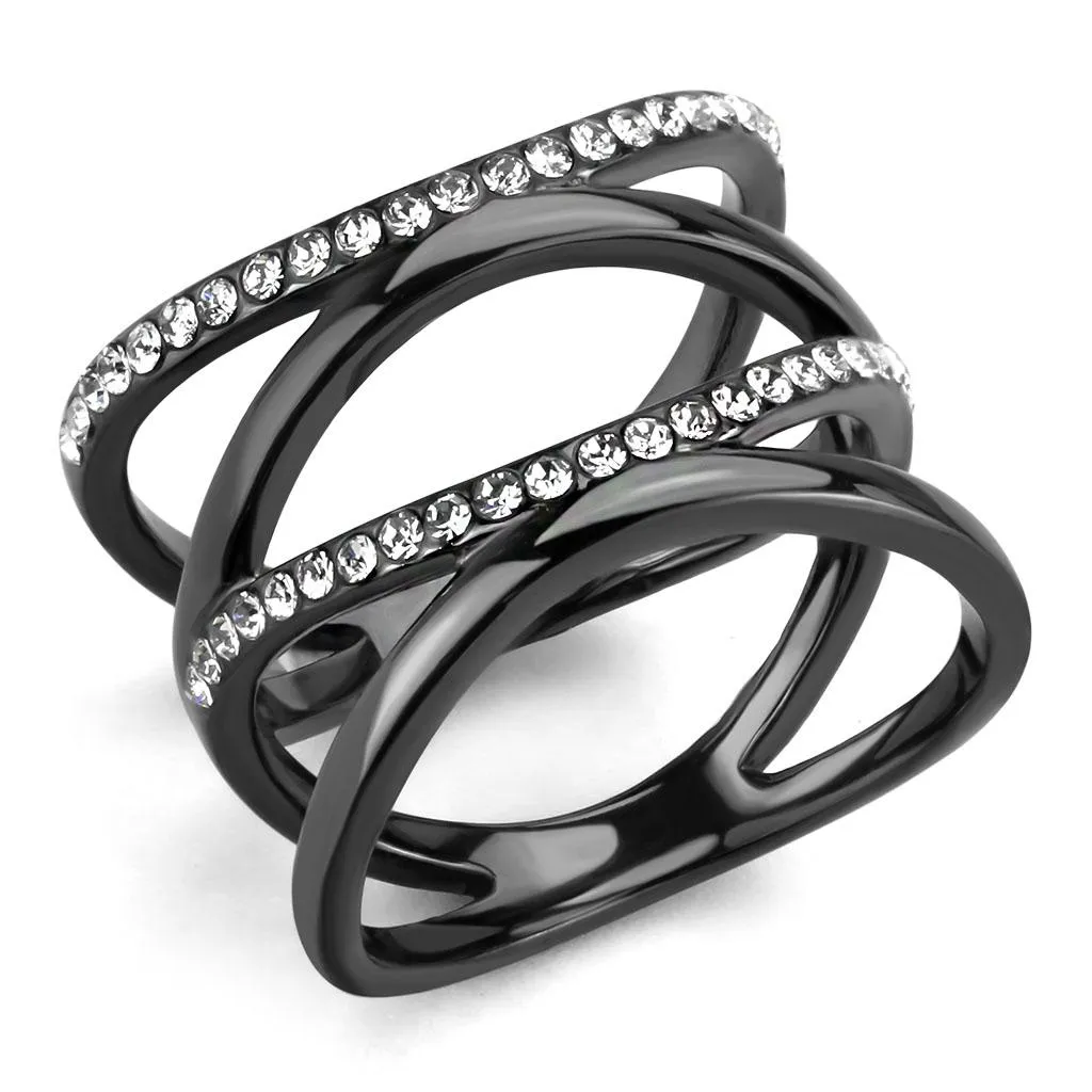 IP Light Black (IP Gun) Stainless Steel Ring with Top Grade Crystal in Clear for Women Style TK3689