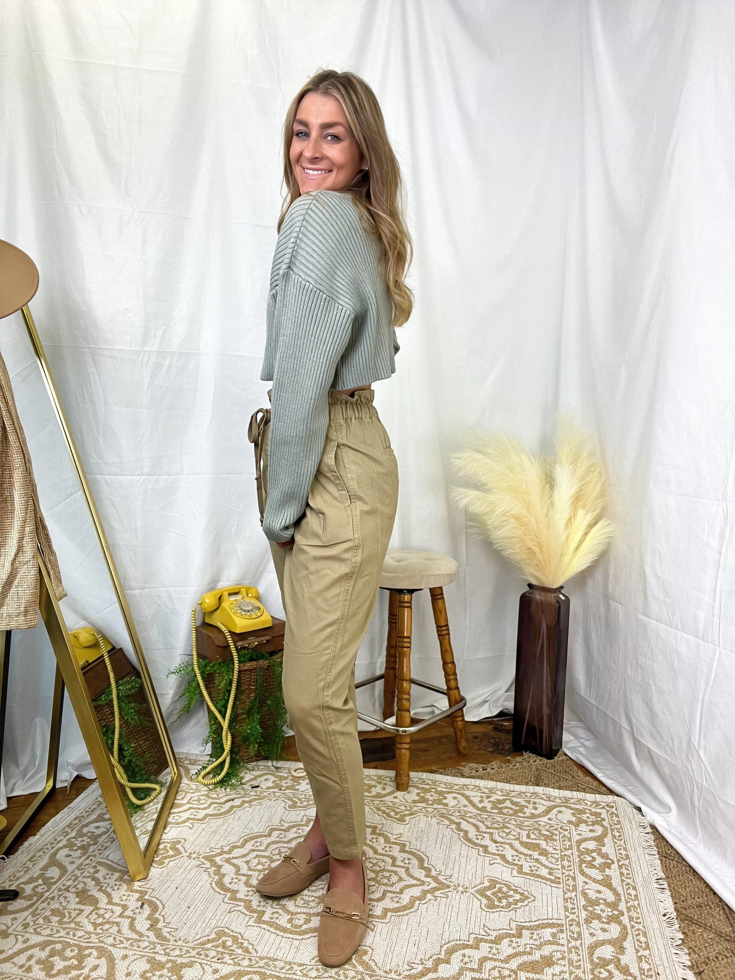 Khaki Stonewashed Paper Bag High Waist Pants