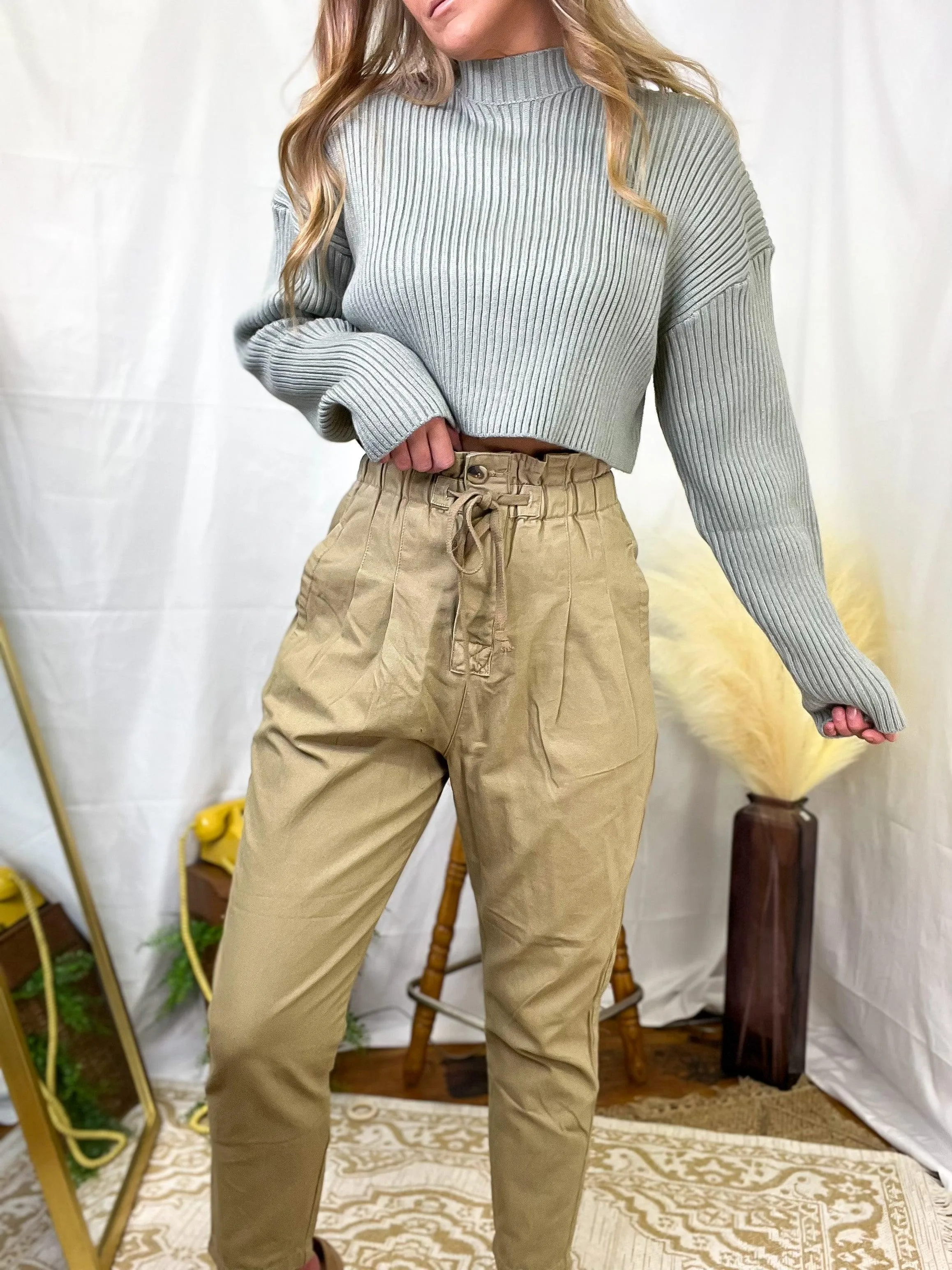 Khaki Stonewashed Paper Bag High Waist Pants