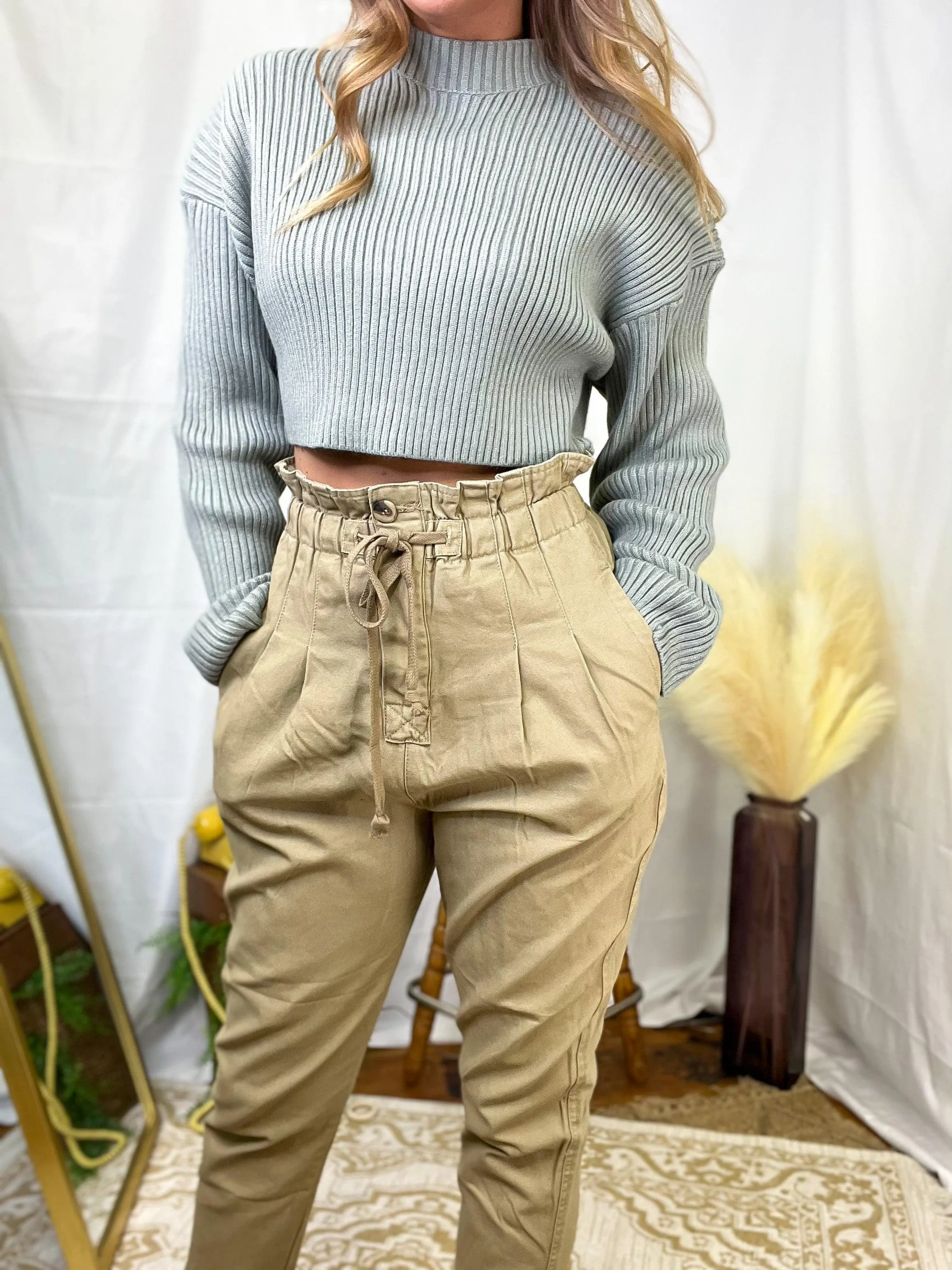 Khaki Stonewashed Paper Bag High Waist Pants