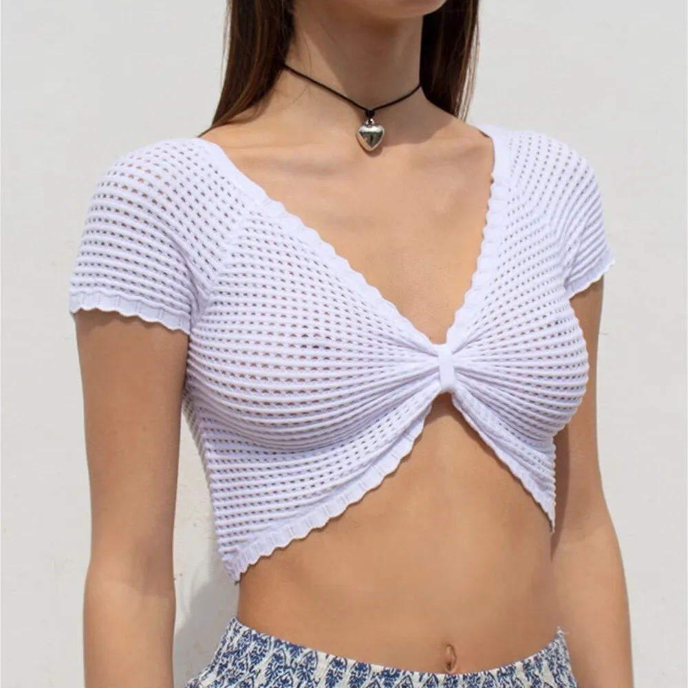 Knit V-Neck White Crop Top