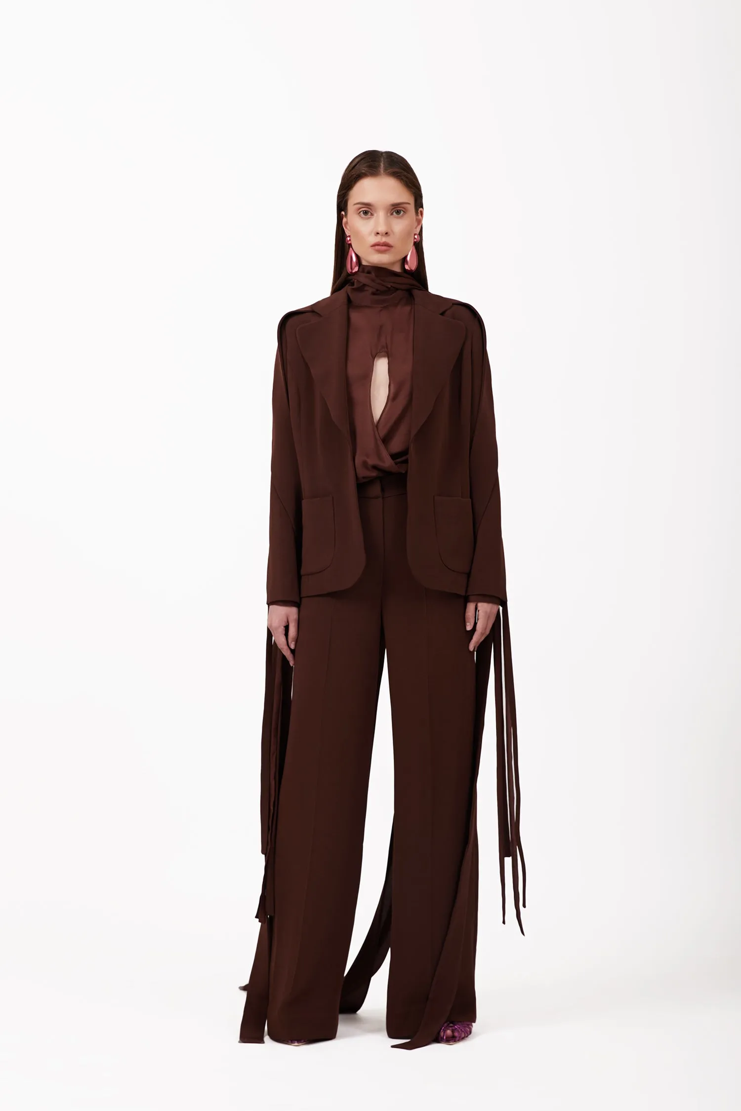 Libra  Brown Crepe Suit Set - Blazer