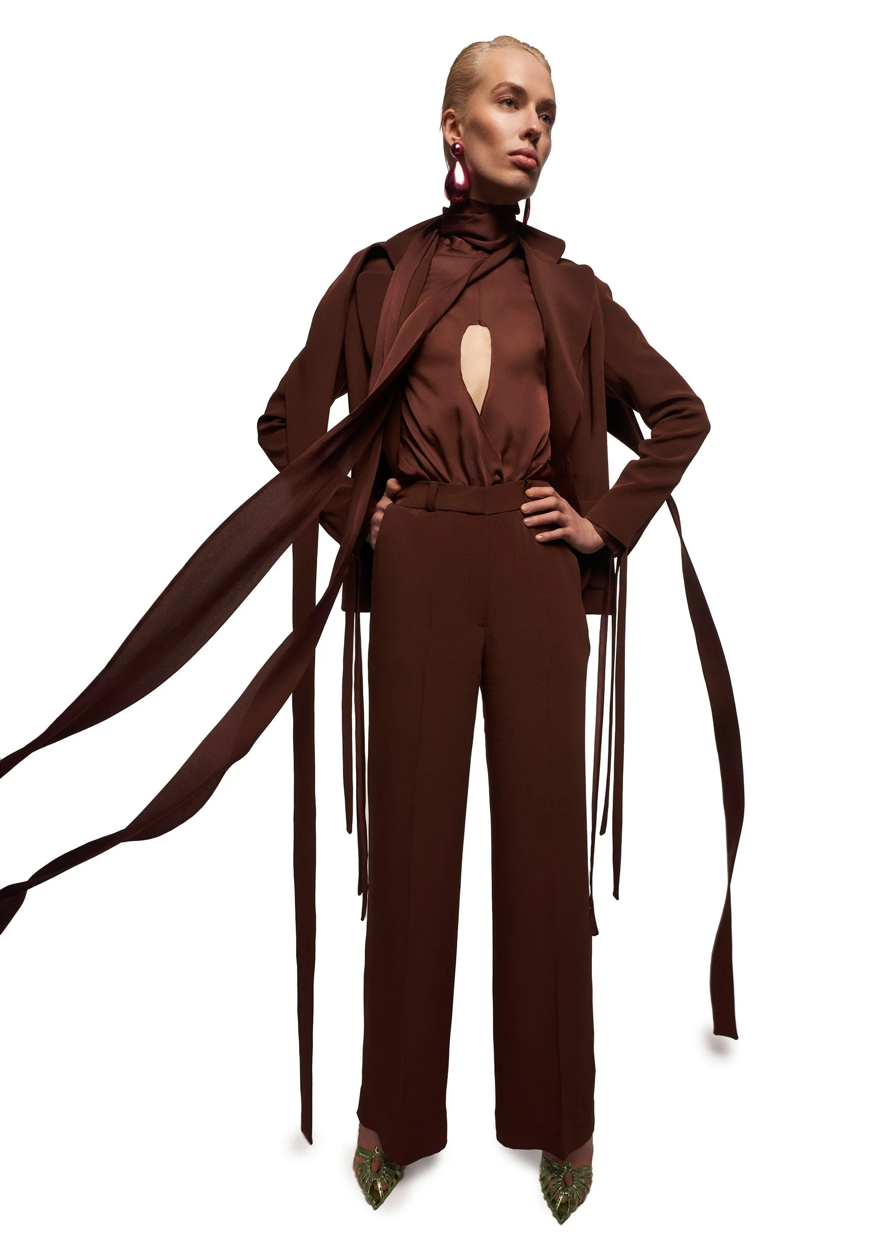 Libra  Brown Crepe Suit Set - Blazer