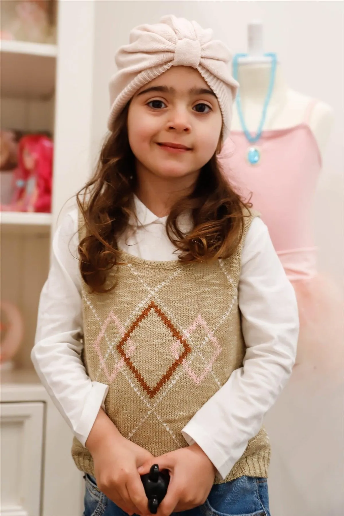 Little Toddler Girls Taupe Contrast Diamond Knit Sleeveless Top Vest