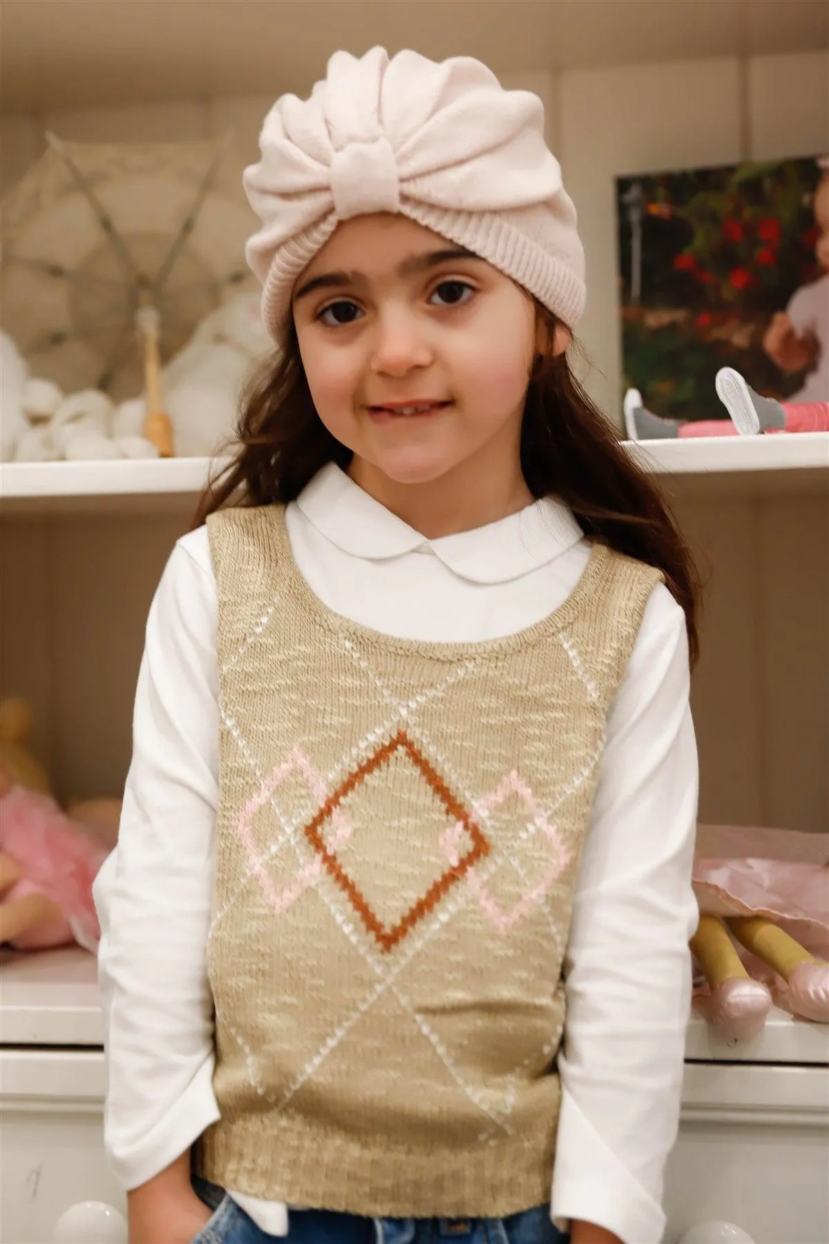 Little Toddler Girls Taupe Contrast Diamond Knit Sleeveless Top Vest