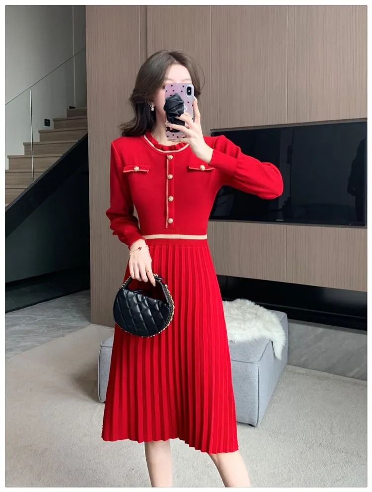 Long-Sleeve Crew Neck Plain Pleated Hem Knit A-Line Dress