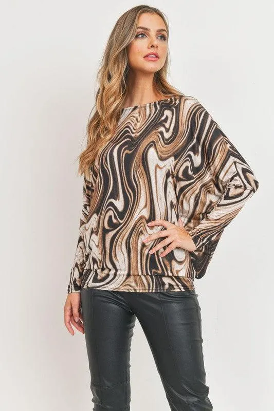 long sleeve marble printed dolman top