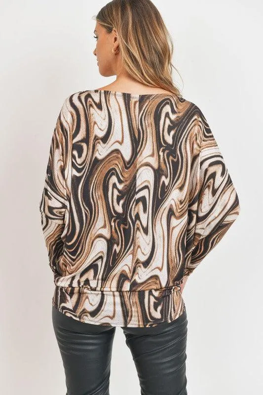 long sleeve marble printed dolman top