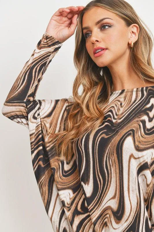 long sleeve marble printed dolman top