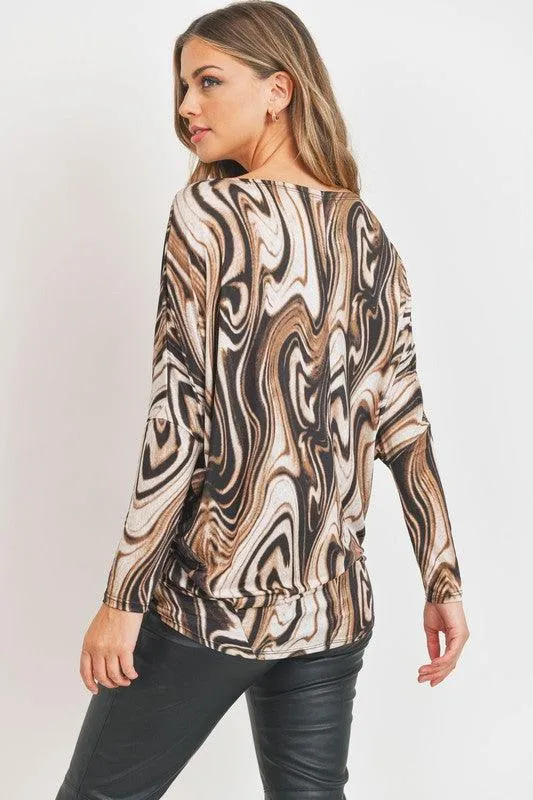 long sleeve marble printed dolman top