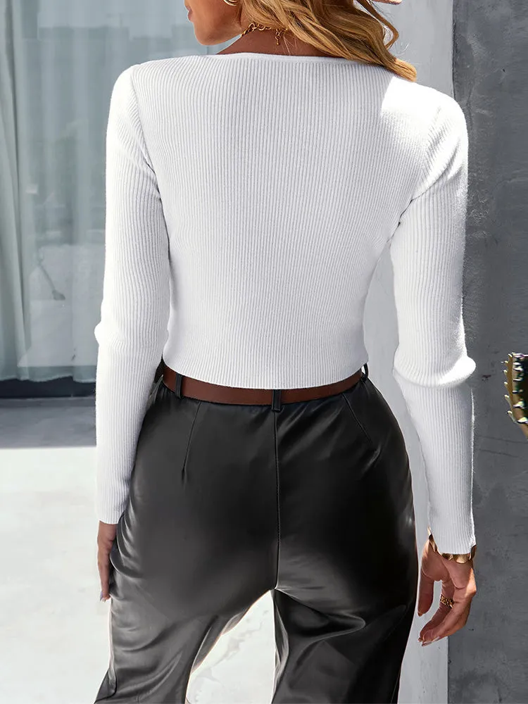 Long Sleeve Rib Knit Cut Out Tight Crop Top