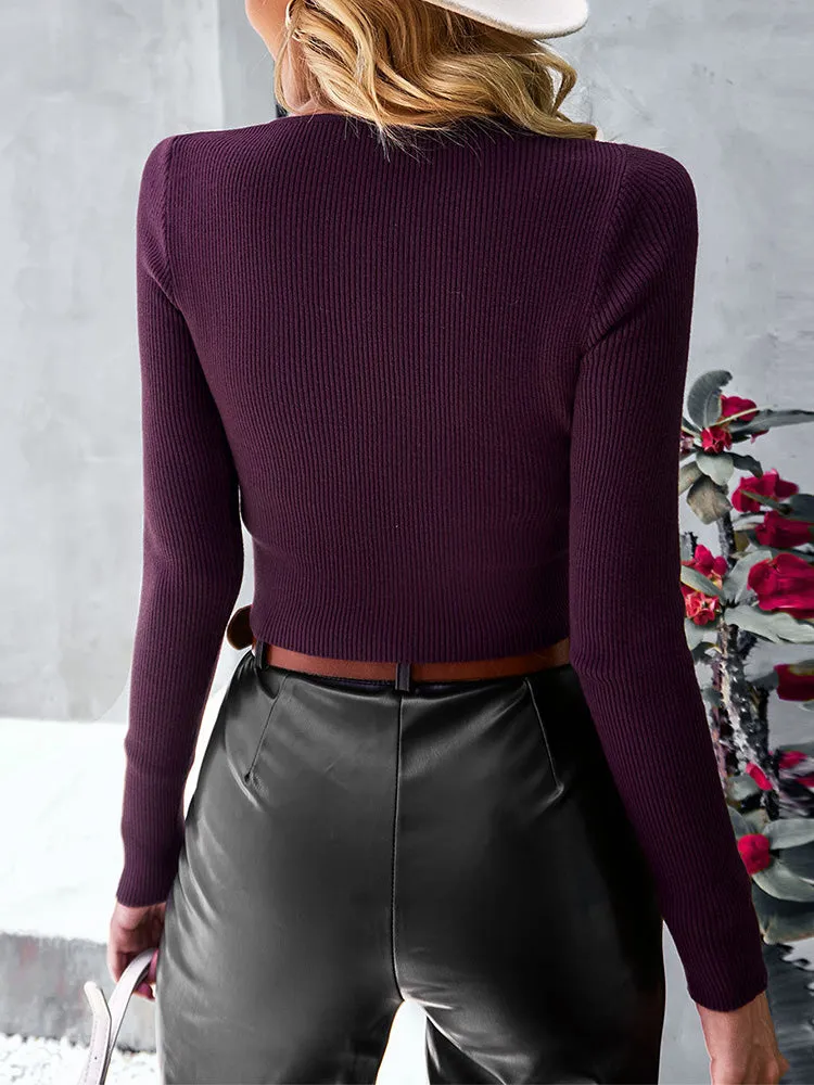 Long Sleeve Rib Knit Cut Out Tight Crop Top