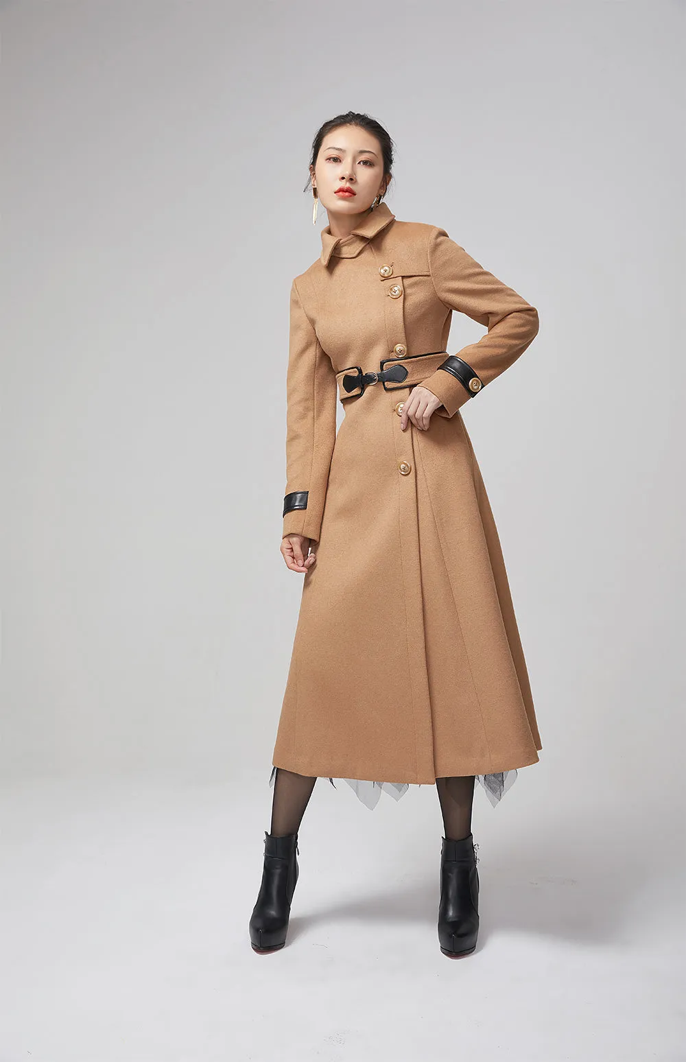 long trench wool coat, elegant brown winter coat 2206