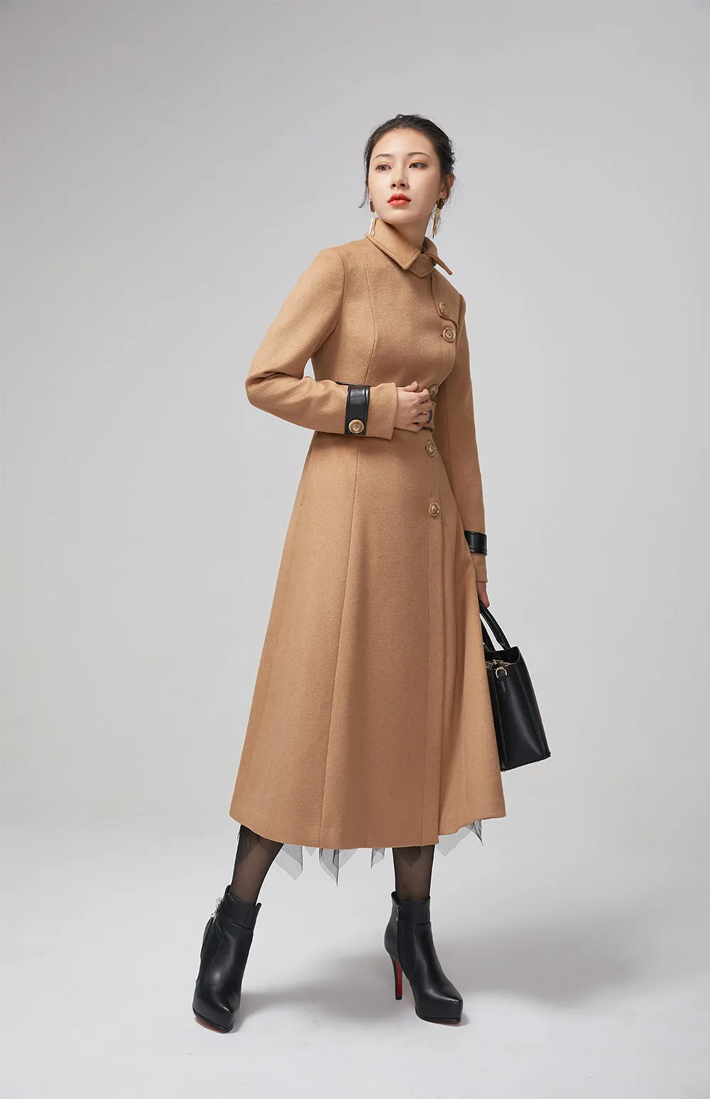 long trench wool coat, elegant brown winter coat 2206