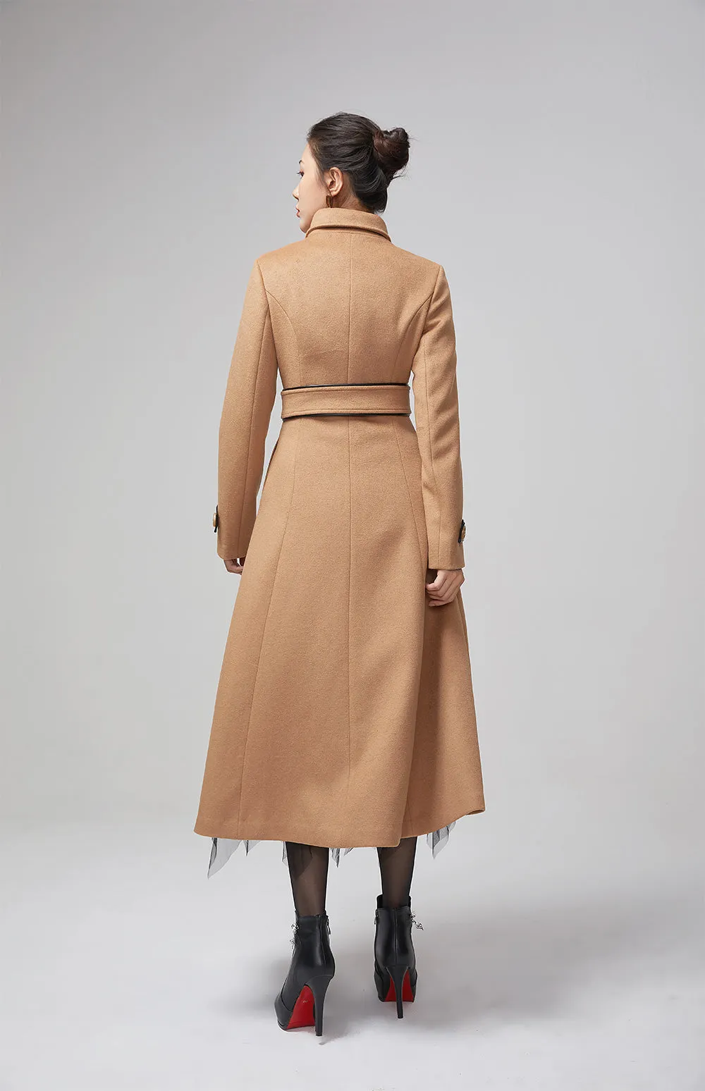 long trench wool coat, elegant brown winter coat 2206