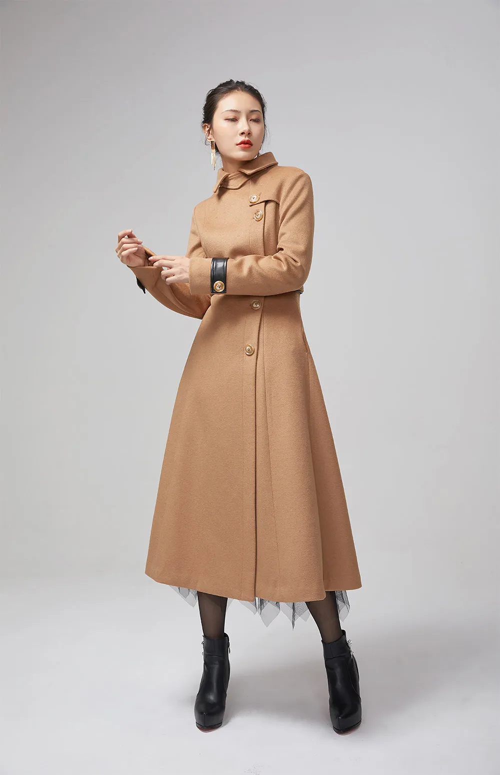 long trench wool coat, elegant brown winter coat 2206