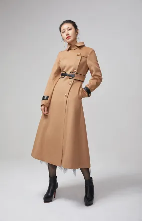 long trench wool coat, elegant brown winter coat 2206