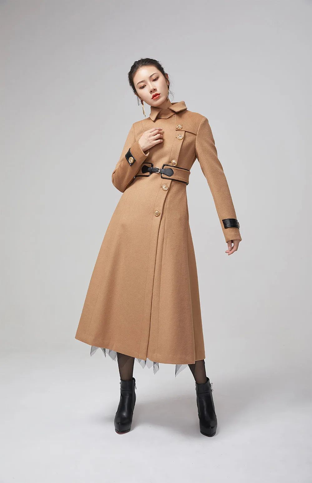 long trench wool coat, elegant brown winter coat 2206