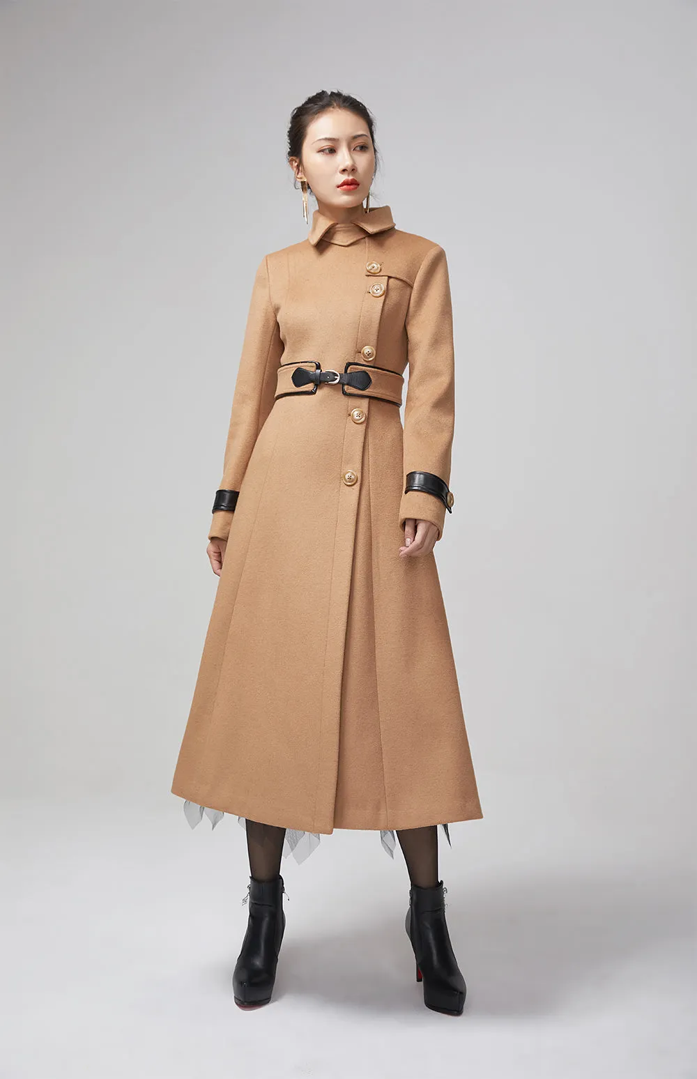 long trench wool coat, elegant brown winter coat 2206