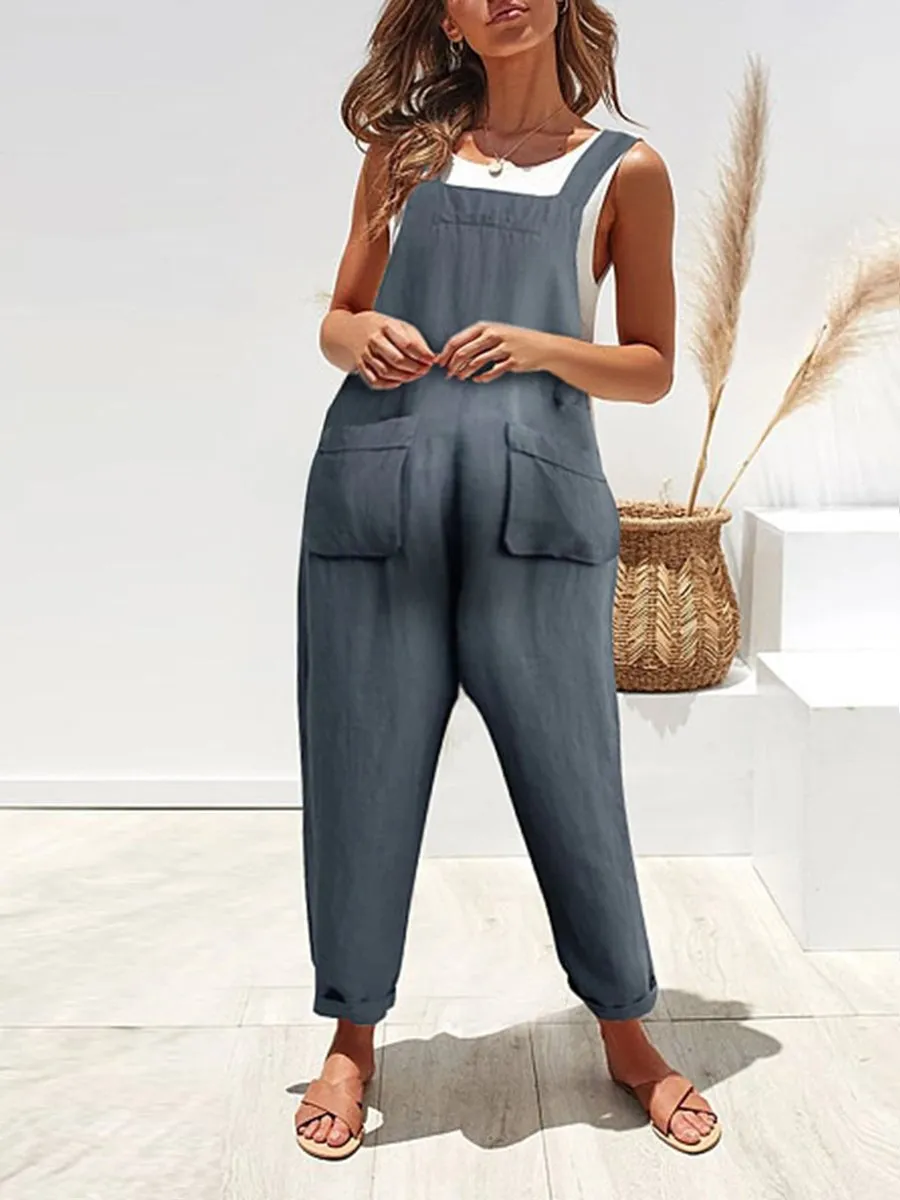 Maternity Casual Solid Pocket Cotton And Linen Suspender Jumpsuit