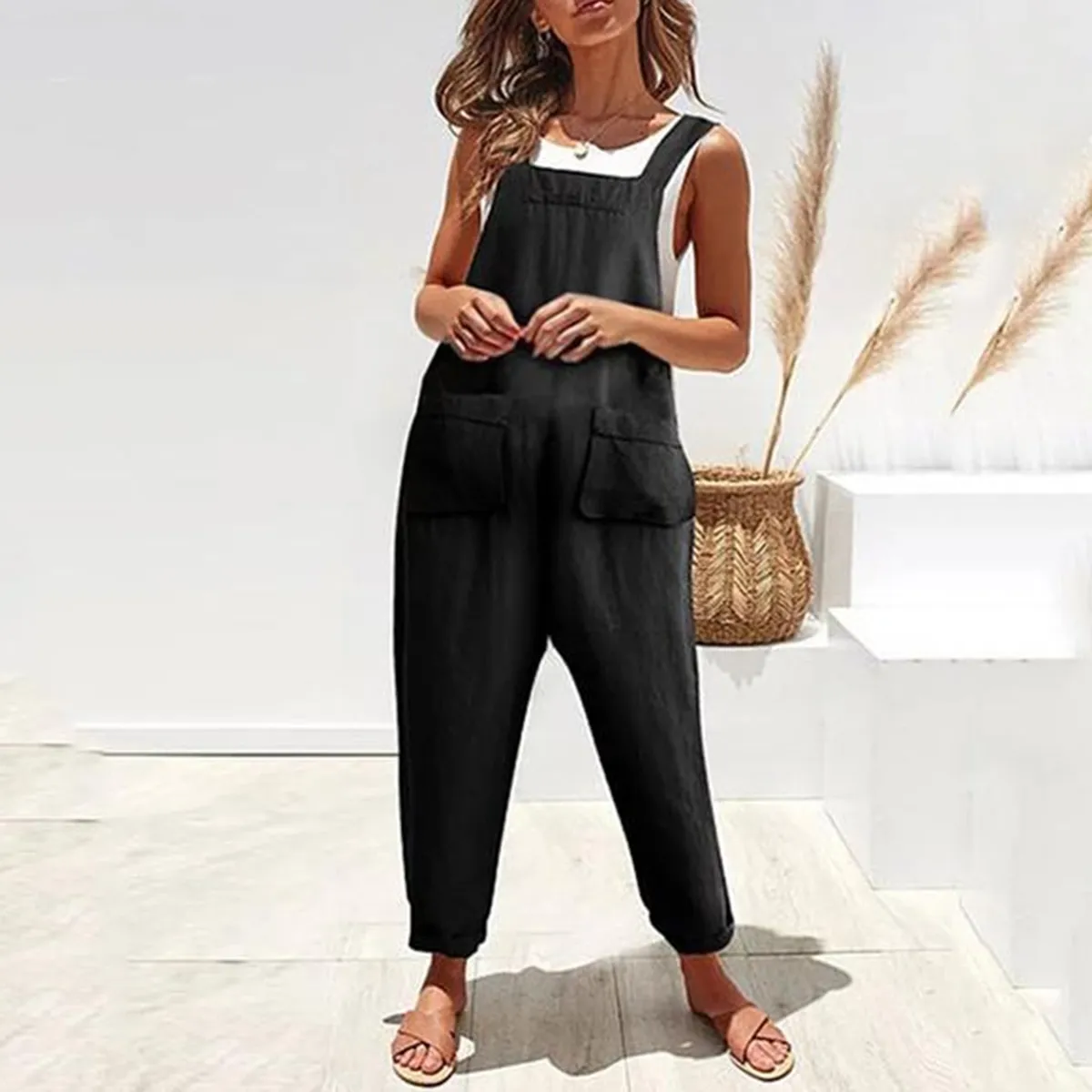 Maternity Casual Solid Pocket Cotton And Linen Suspender Jumpsuit