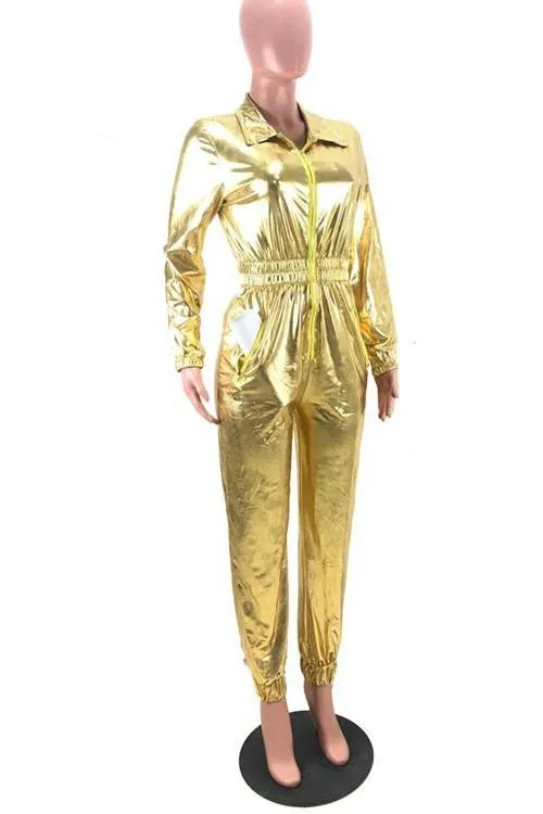 MB FASHION (MIXED BUNDLE 20 PIECE ) Shiny Metallic Long-Sleeve Zip-Up Jumpsuit with Elastic Waist 8250