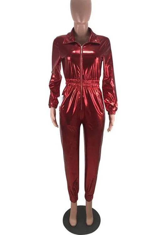 MB FASHION (MIXED BUNDLE 20 PIECE ) Shiny Metallic Long-Sleeve Zip-Up Jumpsuit with Elastic Waist 8250