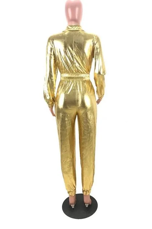 MB FASHION (MIXED BUNDLE 20 PIECE ) Shiny Metallic Long-Sleeve Zip-Up Jumpsuit with Elastic Waist 8250